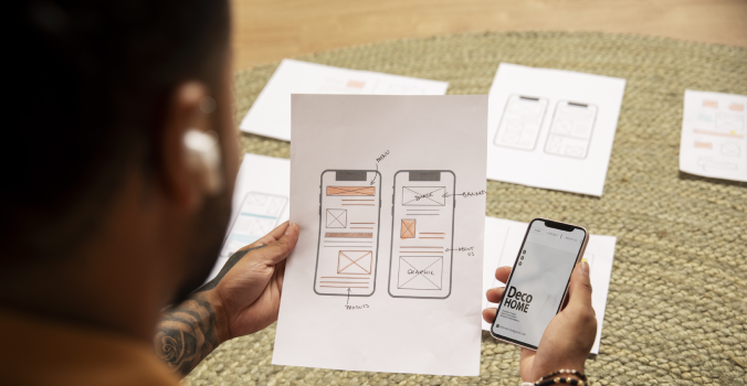 A man reviewing mobile app prototype and testing in mobile